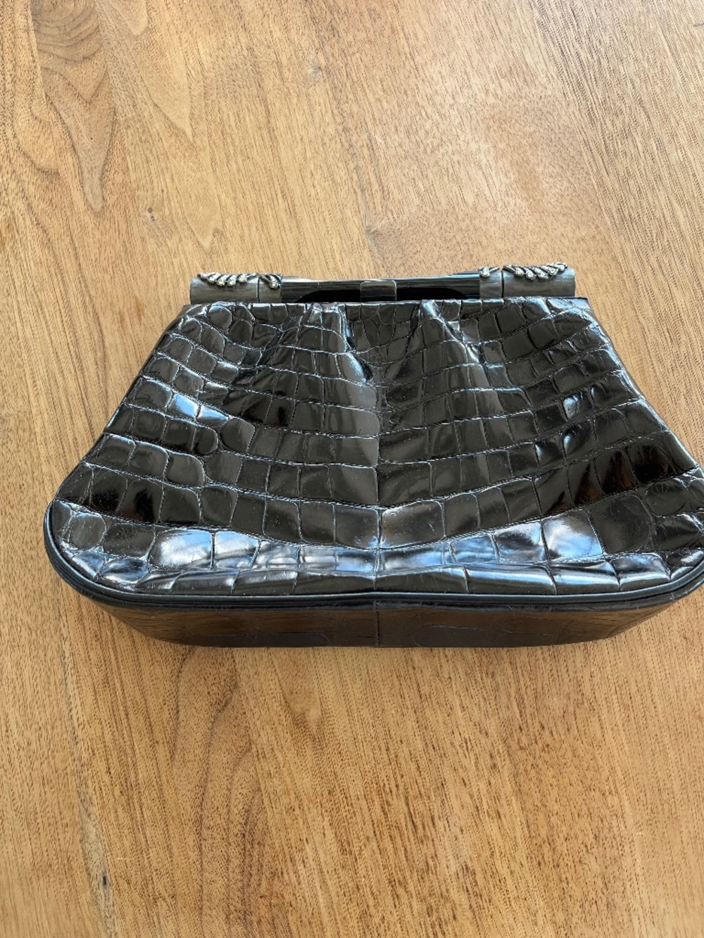 Vintage Hélène Arpels Black Alligator Clutch | Rhinestone Frame | 1980s Luxury